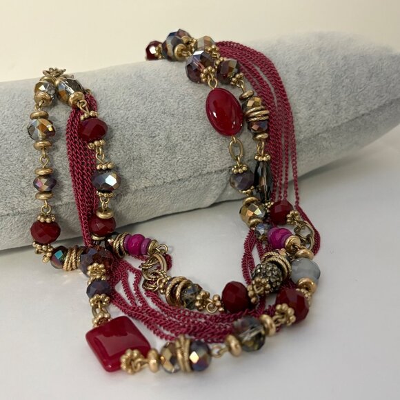 Premier Designs Multi-Strand Beaded Necklace Burgundy Purple Gold Tone Beads - Picture 2 of 6